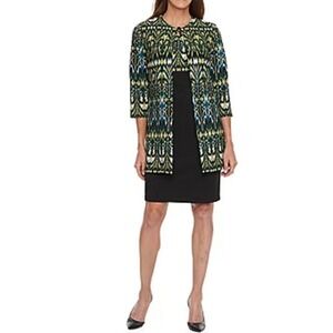 Danny and Nicole Womens 2 Piece Dress Jacket Set Black Teal Geometric Size 10